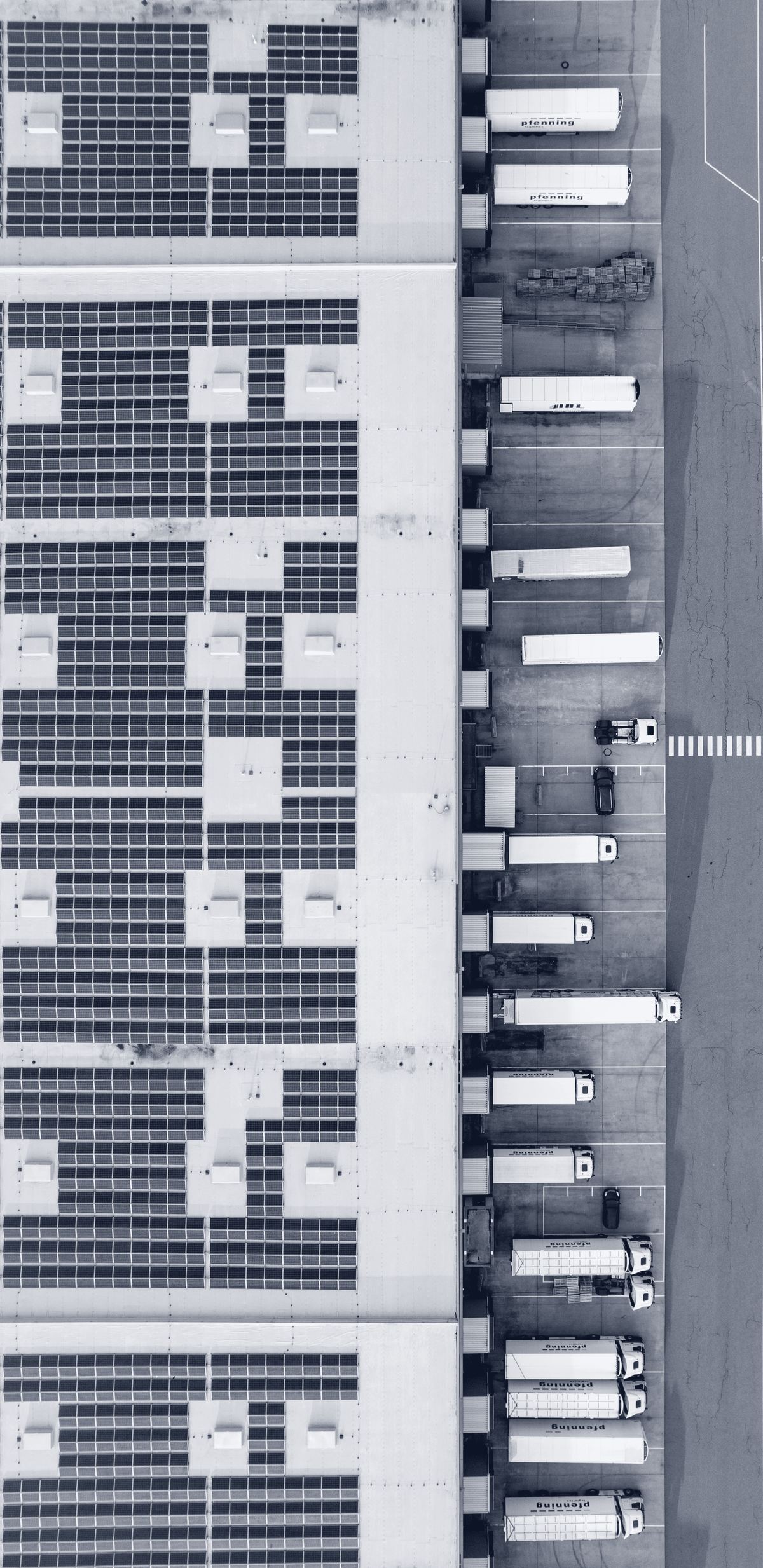 Aerial view of a logistics roof covered in solar panels